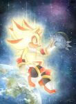  1boy dated earth_(planet) finik from_side gloves highres planet red_eyes shadow_the_hedgehog shoes signature sonic_(series) space super_shadow white_gloves yellow_fur 
