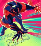  1boy aqua_background arm_blade blue_bodysuit blue_mask bodysuit character_name fingernails full_body green_background hand_on_ground highres male_focus marvel muscular muscular_male nigiri_meshi610 pink_background red_bodysuit sharp_fingernails simple_background solo spider-man:_across_the_spider-verse spider-man_(2099) spider-man_(series) two-tone_bodysuit very_long_fingernails weapon 