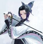  1girl absurdres black_hair butterfly_hair_ornament closed_mouth commentary demon_slayer_uniform expressionless gradient_hair hair_ornament haori highres holding holding_sword holding_weapon japanese_clothes kimetsu_no_yaiba kochou_shinobu looking_at_viewer multicolored_hair parted_bangs purple_hair sidelocks simple_background solo sword sword_writing tooku0 two-tone_hair updo upper_body violet_eyes weapon wide_sleeves 
