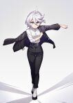  1girl ahoge belt black_pants commentary_request dressing formal full_body grey_eyes grey_hair gundam gundam_suisei_no_majo heebee looking_at_viewer miorine_rembran pant_suit pants serious shirt solo straight-on suit swept_bangs white_shirt 