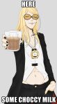  1boy absurdres black_jacket black_nails blonde_hair blue_eyes cigarette cowboy_shot cup english_text fate/grand_order fate_(series) flapper_shirt hand_in_pocket highres holding holding_cup hot_chocolate jacket jewelry jewelryduelist long_hair looking_at_viewer male_focus medallion necklace open_clothes open_jacket orange-tinted_eyewear shirt signature simple_background solo sunglasses tezcatlipoca_(fate) tinted_eyewear white_background white_shirt 