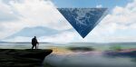  1other blue_sky cane clouds cloudy_sky commentary day field floating floating_object haru_akira highres landscape mountainous_horizon original outdoors pyramid_(geometry) scenery sky solo standing surreal symbol-only_commentary 