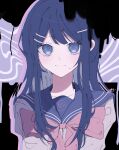  1girl blue_eyes blue_hair blue_sailor_collar bow bowtie danganronpa:_trigger_happy_havoc danganronpa_(series) hair_ornament hairclip highres long_hair looking_at_viewer maizono_sayaka multicolored_background pale_skin pink_bow pink_bowtie pote_(pote_39) sailor_collar shirt signature solo upper_body white_shirt 