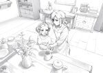  1boy 1girl apron artist_name bellachiiii book book_stack braid crown_braid cup earrings english_commentary flower food greyscale hair_ornament hairclip highres holding holding_plate indoors jewelry link looking_at_another medium_hair monochrome mug parted_bangs plate pointy_ears princess_zelda shelf shirt short_hair smile the_legend_of_zelda the_legend_of_zelda:_tears_of_the_kingdom vase wooden_floor 
