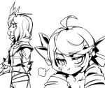  1boy 1girl ahoge blush bow collarbone crown drill_hair from_side greyscale gwen_(league_of_legends) hair_bow jacket league_of_legends long_hair looking_at_viewer monochrome pants phantom_ix_row pout profile simple_background twin_drills viego_(league_of_legends) white_background 