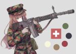  1girl absurdres aiming alter alternate_costume aqua_eyes barrel_shroud battle_rifle belt belt_pouch bipod blunt_bangs brown_hair camouflage camouflage_headwear camouflage_jacket camouflage_pants circle color_guide commentary commission cowboy_shot cross english_commentary fatigues finger_on_trigger flip-up_sight girls_frontline gloves greek_cross green_belt green_jacket green_pants grey_background grey_gloves gun hat highres holding holding_gun holding_weapon jacket long_hair long_sleeves looking_ahead martinreaction military_hat military_jacket military_uniform multicolored_clothes multicolored_headwear multicolored_jacket multicolored_pants pants patrol_cap pocket pouch rifle sig-510_(girls&#039;_frontline) sig_510 simple_background sling soldier solo swiss_flag switzerland uniform utility_belt wavy_hair weapon woodland_camouflage 