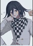  1boy :o black_hair buttons checkered_clothes checkered_scarf danganronpa_(series) danganronpa_v3:_killing_harmony dated flipped_hair food food_on_face grey_jacket hands_up holding jacket knee_up long_sleeves looking_at_viewer male_focus oma_kokichi scarf seuli_(sa404_3) simple_background solo violet_eyes white_background 