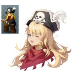  1boy :d black_headwear blonde_hair blue_eyes braid epic_battle_fantasy fang frost_cedar hat hat_feather highres long_hair looking_at_viewer male_focus matt_(epic_battle_fantasy) one_eye_closed pirate_hat red_scarf scarf skin_fang skull_and_crossbones smile solo 