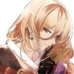  1boy black_gloves black_jacket cunonn earrings finger_to_mouth glint gloves granblue_fantasy hair_between_eyes index_finger_raised jacket jewelry lamorak_(granblue_fantasy) light_brown_hair long_bangs long_hair looking_at_viewer male_focus parted_lips portrait red_eyes shirt simple_background smile solo white_background white_shirt 