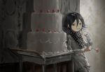  1boy black_hair buttons cake checkered_clothes checkered_scarf danganronpa_(series) danganronpa_v3:_killing_harmony double-breasted flipped_hair food food_on_face fork fruit grey_jacket grey_pants grin hair_between_eyes highres holding holding_fork indoors jacket oma_kokichi pants purple_hair sa_(pixiv_89232413) scarf smile solo standing strawberry teeth violet_eyes 