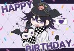  1boy :d black_hair black_headwear checkered_clothes checkered_scarf confetti danganronpa_(series) danganronpa_v3:_killing_harmony grey_background grin hair_between_eyes happy_birthday heart kuromi multicolored_hair oma_kokichi onegai_my_melody pink_eyes purple_hair scarf skull_ornament smile songpyeon_(sssssong) speech_bubble spoken_heart teeth two-tone_hair upper_teeth_only violet_eyes 