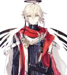  1boy arknights badge belt black_shirt black_wings blue_eyes closed_mouth detached_wings executor_(arknights) executor_the_ex_foedere_(arknights) expressionless halo highres jacket looking_at_viewer male_focus red_scarf scarf shirt simple_background solo strap taruo tassel white_background white_hair white_jacket wings 