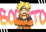  1boy blonde_hair blue_eyes boruto:_naruto_next_generations character_name coat crossed_arms facial_mark headband high_collar jewelry konohagakure_symbol long_sleeves male_focus naruto_(series) necklace open_mouth orange_coat shirt short_hair solo teeth torn_clothes torn_sleeves upper_teeth_only uzumaki_boruto whisker_markings white_shirt yulekid 