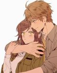  1boy 1girl brown_eyes brown_hair brown_jacket closed_mouth green_eyes green_jacket highres hug hug_from_behind jacket long_hair long_sleeves looking_at_another luke_pearce_(tears_of_themis) nemuiiii3_3 rosa_(tears_of_themis) shirt short_hair smile tears_of_themis upper_body white_shirt yellow_shirt 