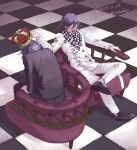  2boys :d ametant black_footwear black_jacket black_pants buttons chair checkered_clothes checkered_floor checkered_scarf closed_eyes crown danganronpa_(series) danganronpa_v3:_killing_harmony dated double-breasted dual_persona hair_between_eyes happy_birthday highres holding holding_crown jacket male_focus multiple_boys oma_kokichi pants purple_footwear purple_hair scarf sitting smile teeth upper_teeth_only white_jacket white_pants 
