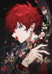 1boy aleo amagi_hiiro artist_name blue_eyes commentary_request covered_mouth dated earrings ensemble_stars! fingernails flower jewelry long_sleeves male_focus petals red_petals redhead ring short_hair sideways_glance solo upper_body 