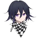  1boy bai_mao black_hair checkered_clothes checkered_scarf closed_mouth cropped_shoulders danganronpa_(series) danganronpa_v3:_killing_harmony expressionless flipped_hair hair_between_eyes highres male_focus oma_kokichi purple_hair scarf short_hair simple_background solo white_background 