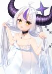  1girl absurdres ahoge bare_shoulders blush braid breasts choker demon_girl demon_horns demon_tail highres hololive horns kamaboko_(kmm15a) la+_darknesss long_hair looking_at_viewer multicolored_hair nightgown purple_hair small_breasts solo streaked_hair striped_horns tail tongue tongue_out very_long_hair virtual_youtuber white_background white_hair yellow_eyes 