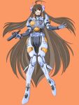  1girl ahoge brown_eyes brown_hair commentary_request commission cyborg fang full_body gun handgun highres holding holding_gun holding_weapon joints koube_masahiko long_hair open_mouth orange_background original pixiv_commission robot_joints science_fiction solo two_side_up very_long_hair weapon 