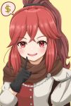  1girl anna_(fire_emblem) black_gloves blush brown_cape cape crossed_bangs dollar_sign dress eyelashes fire_emblem fire_emblem_engage gloves highres long_sleeves looking_at_viewer open_mouth patty_ojisan ponytail red_dress red_eyes redhead solo two-tone_dress upper_body white_dress 
