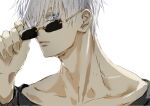  1boy adjusting_eyewear blue_eyes closed_mouth commentary_request gojou_satoru jujutsu_kaisen looking_at_viewer male_focus nori20170709 short_hair sideways_glance simple_background solo sunglasses twitter_username white_background white_hair 