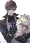  1boy artem_wing_(tears_of_themis) black_coat black_gloves black_sweater blue_eyes bouquet brown_hair coat doll english_commentary flower gloves highres holding holding_bouquet male_focus marius_von_hagen_(tears_of_themis) melrw22 parted_lips scarf short_hair simple_background snowing solo sweater tears_of_themis turtleneck turtleneck_sweater white_background white_flower white_scarf 