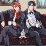  2boys artist_name belt black_bow black_bowtie black_eyes black_hair black_jacket black_pants bow bowtie brown_belt closed_eyes closed_mouth coffee_mug commentary_request couch crossed_legs cup dated expressionless feet_out_of_frame highres holding holding_cup ichijou_seiya jacket kaiji long_hair long_sleeves looking_at_viewer male_focus medium_bangs mug multiple_boys murakami_tamotsu neckerchief painting_(object) pants red_shirt redhead shirt short_hair smile suspenders unknown03162 white_neckerchief white_shirt 