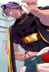  1boy black_shirt cropped_shirt duryodhana_(fate) earrings facial_hair fate/grand_order fate_(series) goatee hand_on_own_hip highres imoda indian_clothes jewelry looking_at_viewer male_focus mature_male muscular muscular_male navel necklace pectorals purple_hair sash shirt short_hair shoulder_sash single_earring smile violet_eyes 