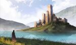  1other absurdres blue_sky building castle cloak clouds day field from_behind grass haru_akira highres lake landscape mountain nature original outdoors reflection scenery sky standing sunlight tree water wide_shot 