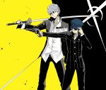  1boy 1girl black_jacket black_pants blue_hair blue_headwear bonesaw_(artist) closed_mouth grey_eyes grey_hair gun handgun highres holding holding_gun holding_sword holding_weapon jacket katana long_sleeves narukami_yuu over_shoulder pants persona persona_4 reverse_trap school_uniform shirogane_naoto shirt simple_background sword weapon weapon_over_shoulder white_shirt yasogami_school_uniform 