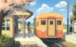  1girl absurdres blue_sky brown_hair clouds cloudy_sky day falling_petals highres long_hair marunoki original outdoors petals power_lines railroad_tracks scenery sky solo standing streetcar train train_station tree utility_pole wide_shot 