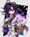  1boy checkered_necktie crown danganronpa_(series) danganronpa_10th_anniversary_costume danganronpa_v3:_killing_harmony grey_jacket grey_pants grey_vest happy_birthday highres holding holding_crown jacket long_sleeves looking_at_viewer male_focus messy_hair multicolored_background multicolored_hair nail_polish necktie official_alternate_costume oma_kokichi pants purple_nails purple_shirt shirt smile two-tone_hair vest violet_eyes yako_(ycaisola) 
