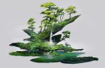  absurdres bonsai bush commentary flower grey_background haru_akira highres leaf lily_pad moss nature no_humans original red_flower scenery simple_background tree water waterfall 