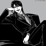  1boy arm_rest artist_name blazer collared_shirt commentary_request couch dated feet_out_of_frame formal greyscale highres ichijou_seiya jacket kaiji leaning_back long_hair long_sleeves looking_at_viewer male_focus medium_bangs monochrome necktie open_mouth pants shirt simple_background smile solo suit teeth unknown03162 upper_teeth_only 