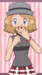  1girl :d blonde_hair blue_eyes bracelet commentary earrings eyelashes grey_headwear grey_sweater hands_up hat heart highres jewelry jiffy0v0 looking_at_viewer medium_hair nail_polish open_mouth pink_background pink_nails pleated_skirt pokemon pokemon_(anime) pokemon_journeys red_skirt serena_(pokemon) skirt smile solo sweater sweater_vest tongue watermark 