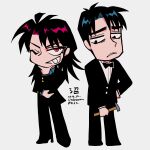  2boys artist_name bags_under_eyes black_bow black_bowtie black_eyes black_hair black_jacket black_pants blazer blue_shirt bow bowtie chibi collared_shirt commentary_request dated formal frown full_body grin hammer highres holding holding_hammer ichijou_seiya jacket kaiji long_hair long_sleeves looking_at_viewer male_focus medium_bangs multiple_boys murakami_tamotsu one_eye_closed pants red_eyes redhead shirt simple_background smile standing suit unknown03162 white_background 