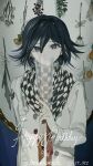  1boy arm_at_side black_hair checkered_clothes checkered_scarf closed_mouth commentary danganronpa_(series) danganronpa_v3:_killing_harmony dated hair_between_eyes hand_up happy_birthday highres holding if_(toutoi0621) jacket long_sleeves looking_at_viewer male_focus oma_kokichi purple_hair revision scarf short_hair smile solo torn_scarf upper_body user_oekaki333 white_jacket 