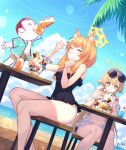  1boy 2girls absurdres alternate_costume animal_ear_fluff animal_ears arona&#039;s_sensei_doodle_(blue_archive) artist_name beach bikini black_one-piece_swimsuit bld_zi blonde_hair blue_archive blush cellphone chair closed_eyes closed_mouth clouds drinking eating eyewear_on_head flower food fox_ears frilled_bikini frilled_one-piece_swimsuit frills hair_flower hair_ornament hairpin halo hifumi_(blue_archive) hifumi_(swimsuit)_(blue_archive) highres holding holding_phone holding_spoon ice ice_cream juice light_blush long_hair mari_(blue_archive) mari_(swimsuit)_(blue_archive) multiple_girls ocean official_alternate_costume on_table one-piece_swimsuit open_mouth orange_hair orange_juice palm_tree parfait peroro_(blue_archive) phone sand sensei_(blue_archive) sitting smartphone smartphone_case spoon sunglasses sunlight swimsuit table taking_picture tongue tongue_out tree twintails very_long_hair white_bikini white_flower 