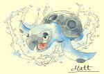  animal_focus half-closed_eyes nostrils open_mouth painting_(medium) pokematya pokemon pokemon_(creature) signature simple_background solo tirtouga traditional_media turtle_shell water watercolor_(medium) 