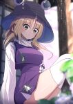  1girl :o absurdres animal_print blonde_hair blurry blurry_background blurry_foreground blush breasts brown_headwear commentary_request darumoon frog_print from_side hair_ribbon hat highres horizontal_pupils knees_up light_blush long_hair long_sleeves looking_at_viewer medium_breasts moriya_suwako open_mouth outdoors over-kneehighs parted_bangs partial_commentary purple_skirt purple_vest rain red_ribbon ribbon shirt sitting skirt skirt_set solo taut_clothes taut_skirt thigh-highs thighs touhou turtleneck vest white_shirt wide_sleeves yellow_eyes 