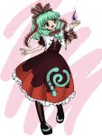  1girl absurdres arm_ribbon black_footwear capelet commentary cross-laced_footwear frilled_ribbon frills front_ponytail full_body green_eyes green_hair hair_ribbon highres kagiyama_hina multicolored_hair ofuton_(rxn_vm) open_mouth pink_background red_ribbon ribbon solo touhou two-tone_hair white_capelet zun_(style) 