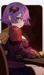  1girl bernadetta_von_varley blush bow breasts chair desk earrings fire_emblem fire_emblem:_three_houses gbbgb321 grey_eyes hair_bow highres hood jewelry long_sleeves looking_at_viewer medium_breasts official_alternate_costume official_alternate_hair_length official_alternate_hairstyle open_mouth purple_hair short_hair shoulder_pads sitting thighs 