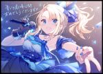  1girl black_gloves blonde_hair blue_choker blue_dress blue_eyes blue_nails choker commentary_request countdown dress gloves holding holding_microphone kimishima_ao microphone official_art ponytail seishun_buta_yarou single_glove solo toyohama_nodoka translation_request v 