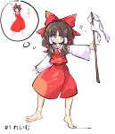  1girl ? barefoot bow brown_eyes brown_hair closed_mouth commentary detached_sleeves dress fangs frilled_dress frills full_body hair_bow hair_tubes hakurei_reimu highres holding holding_stick long_sleeves medium_hair primsla red_bow red_dress reference_inset simple_background smile solo sparkle speech_bubble stick touhou translated white_background white_sleeves zun_(artist) 