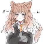  1girl :i animal_ear_fluff animal_ears black_robe blush brown_hair cat_ears cat_girl cat_tail closed_mouth collared_shirt commentary_request crossed_arms diagonal_stripes grey_eyes harry_potter_(series) hermione_granger highres hood hood_down hooded_robe kemonomimi_mode long_hair looking_at_viewer mito_(go!go!king!) nose_blush pout robe shirt simple_background solo striped sweater_vest tail translation_request upper_body v-shaped_eyebrows white_background white_shirt wizarding_world 