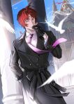 1boy 23cifang ahoge black_coat black_gloves blue_eyes bungou_stray_dogs cigarette coat collared_shirt cowboy_shot day gloves hand_in_pocket hand_up highres holding holding_cigarette long_sleeves male_focus necktie oda_sakunosuke_(bungou_stray_dogs) parted_lips purple_necktie redhead shirt short_hair smoke smoking solo standing twitter_username white_shirt 