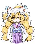  1girl blonde_hair commentary fox_tail fumomono hat highres kitsune looking_at_viewer mob_cap multiple_tails short_hair simple_background solo tail touhou triangle_mouth upper_body white_background white_headwear yakumo_ran yellow_eyes 