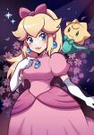 1girl blonde_hair blue_eyes blush bow breasts crown dress earrings elbow_gloves gloves hair_bow highres jewelry long_hair looking_at_viewer official_alternate_hairstyle pink_dress ponytail princess_peach puffy_short_sleeves puffy_sleeves short_sleeves smile solo super_mario_bros. touyarokii white_gloves 