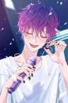 1boy black_nails blush closed_eyes collarbone commentary confetti crossed_bangs earpiece english_commentary eyelashes fingernails gradient_hair hair_between_eyes hands_up highres holding holding_microphone light_particles male_focus microphone mole mole_on_neck multicolored_hair nail_polish nijisanji nijisanji_en open_mouth pink_hair purple_hair shirt short_hair short_sleeves smile solo sweat t-shirt teeth tongue uki_violeta upper_body virtual_youtuber white_shirt yongcheol 
