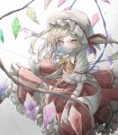 1girl absurdres blonde_hair closed_mouth crystal flandre_scarlet frilled_skirt frills hat highres long_hair mob_cap one_side_up red_eyes red_skirt red_vest short_sleeves skirt solo touhou tqg_07 vest white_headwear wings 